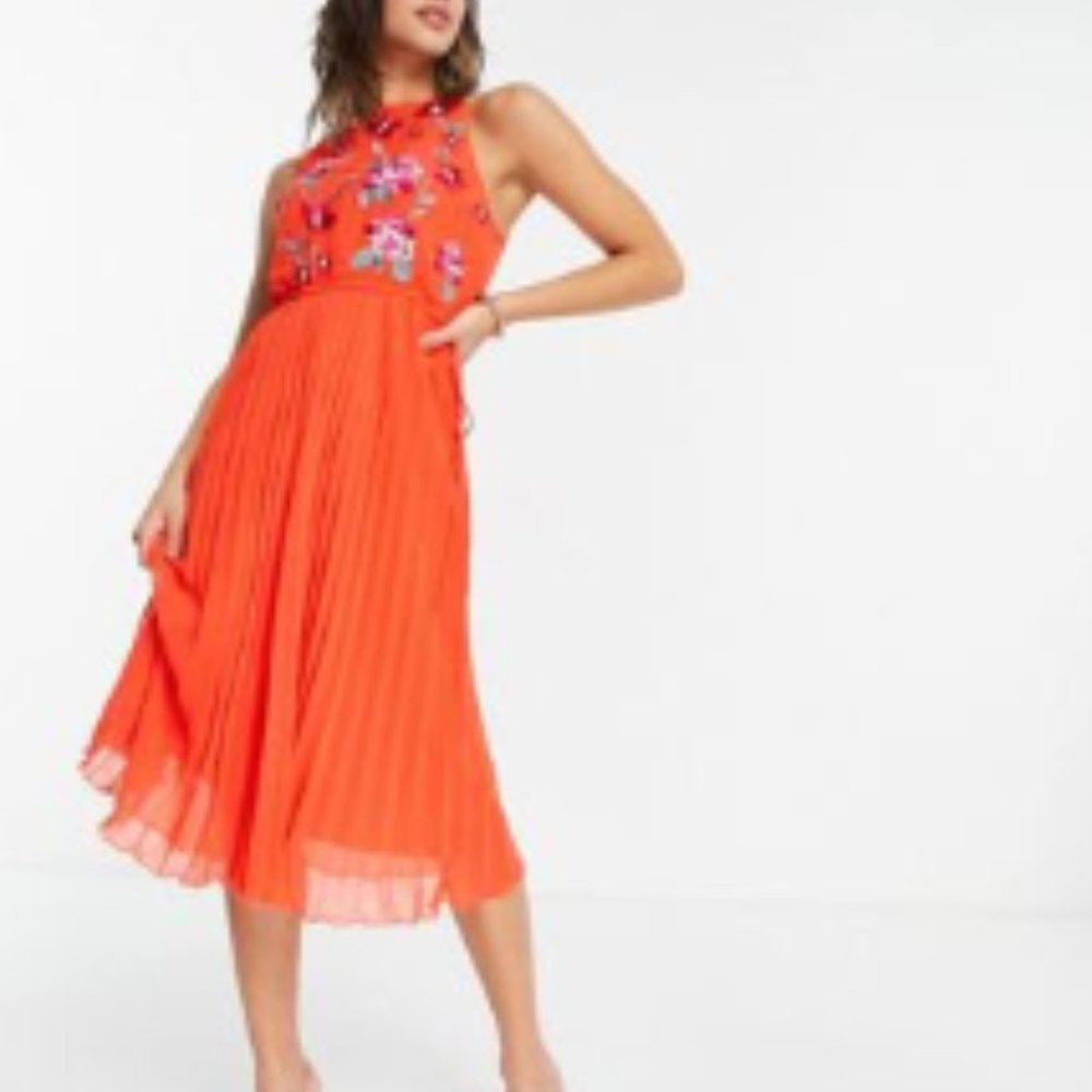 ASOS pleated midi dress with embroidery